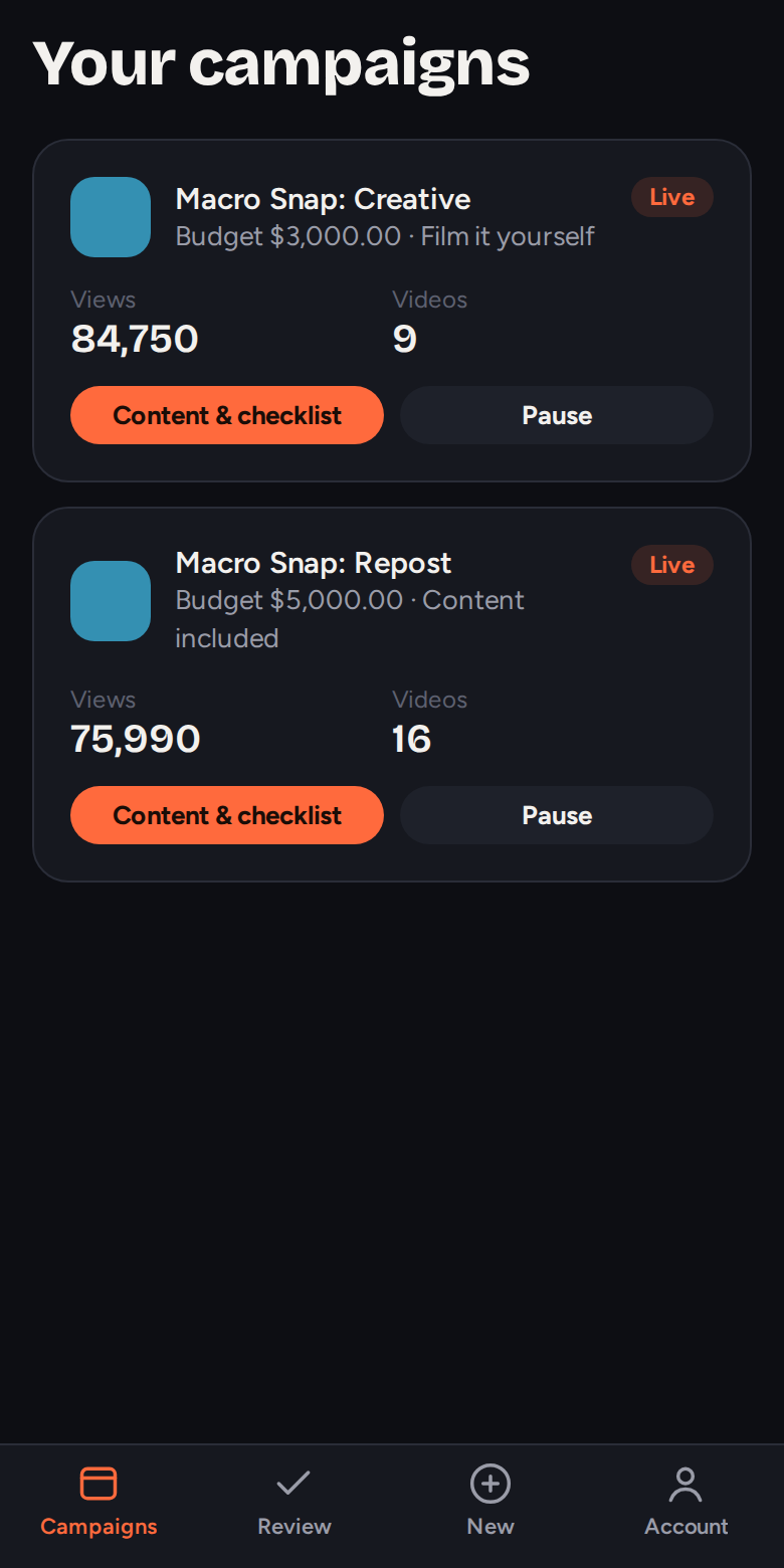The Hypiva brand dashboard: live campaigns with views and videos